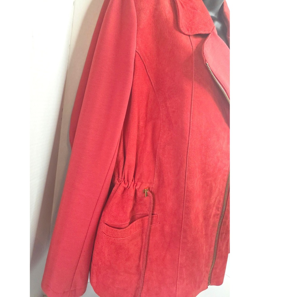 IMAN Tomato Red Genuine Suede Leather Asymmetrical Zip Moto Jacket L‎ Drawstring - Picture 4 of 7